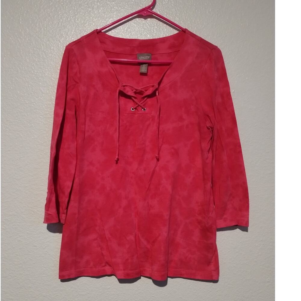 Chico's Size 0 (S) Pink Mineral Wash Lace-Up Front 3/4 Sleeves Cotton Modal Top